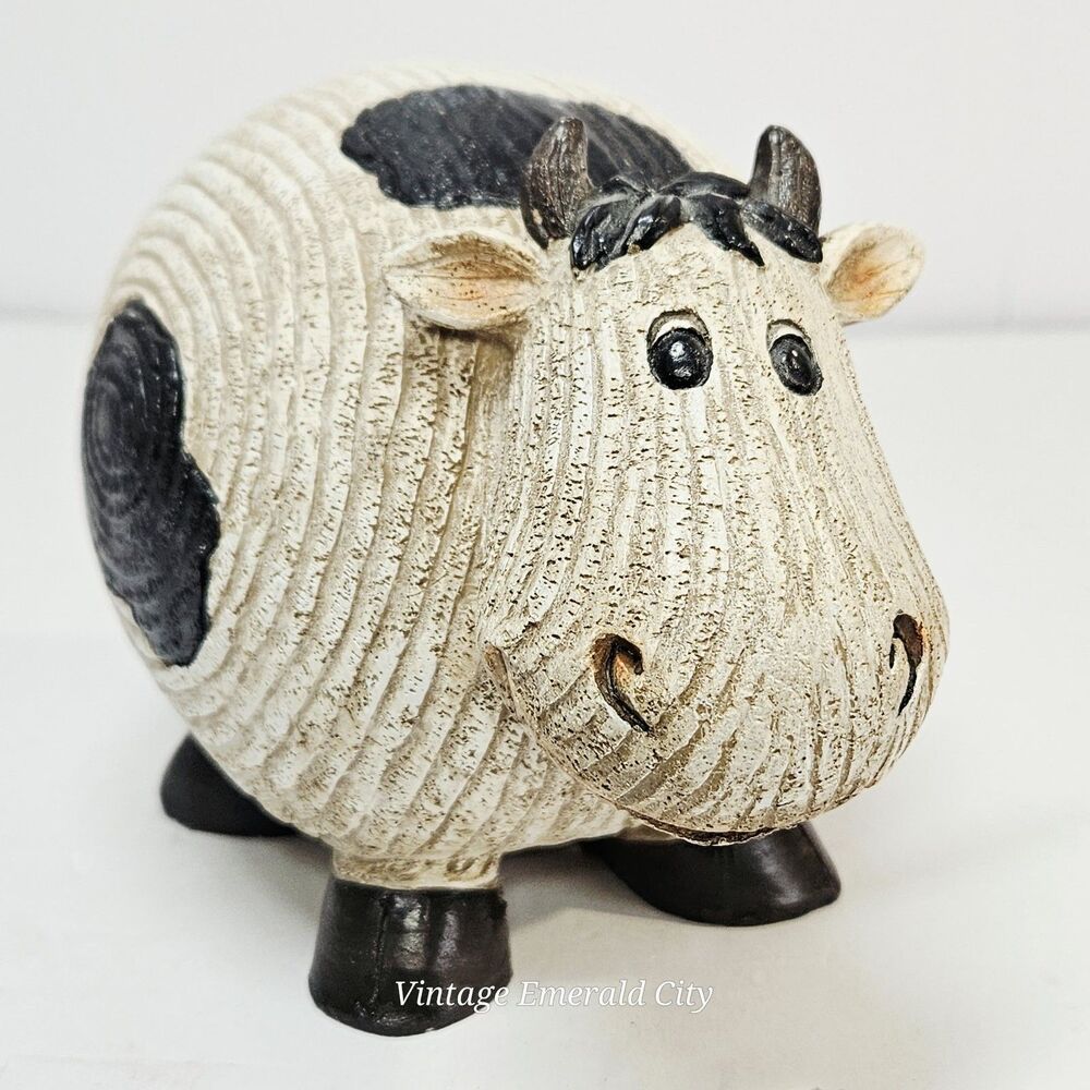 Grooved Cow Folk Art Resin Figurine Farm Animal Country Farmhouse Black & White